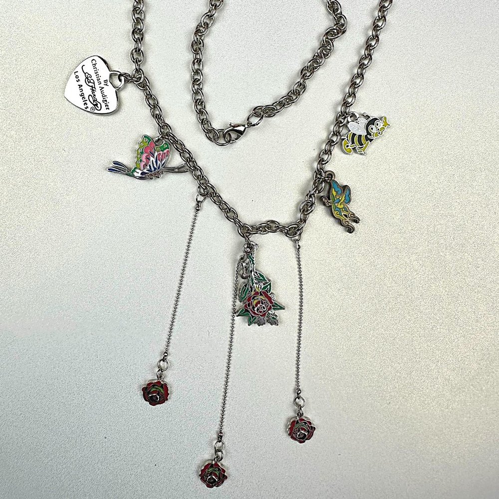 ED HARDY by Christian Audigier / VINTAGE Necklace / Triple Rose Drop Necklace - Picture 7 of 10